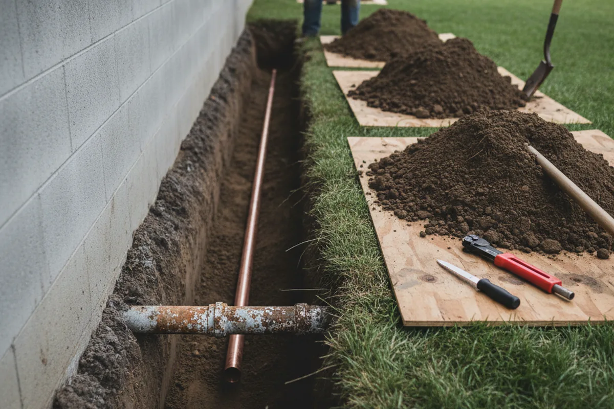Excavated water line trench during Sewer Line Repair in Kingsburg